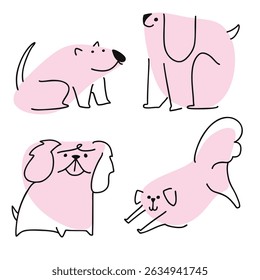 Cute dogs doodle vector collection. Cartoon dog or puppy characters with pastel pink flat color in different poses and black outline. Set of funny pet animals isolated on white background. EPS 10.