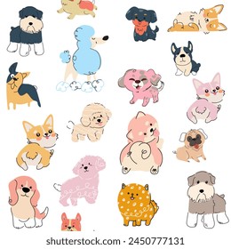 Cute dogs doodle vector pattern. Different pets in various poses. Set of funny pet animals isolated on white background