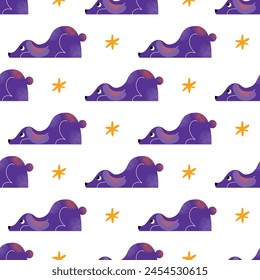 Nette Hunde Doodle Vektorgrafik nahtlose Muster. Cartoon Hund oder Welpen Figuren Design Kollektion mit flacher Farbe in verschiedenen Posen. Set von lustigen Haustieren isoliert auf Hintergrund