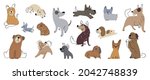 Cute dogs doodle vector set. Cartoon dog or puppy characters design collection with flat color in different poses. Set of funny pet animals isolated on white background.