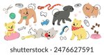 Cute dogs doodle vector set. Cartoon dog or puppy characters design collection with flat color in different poses, toy, ball, dog food, bowl. Set of funny pet animals isolated on white background.