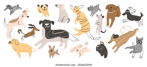 Cute dogs doodle vector set. Cartoon dog or puppy characters design collection with flat color in different poses. Set of funny pet animals isolated on white background.