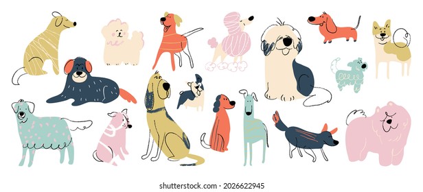 Cute dogs doodle vector set  Cartoon dog puppy characters design collection and flat color in different poses  Set funny pet animals isolated white background 