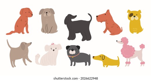 Cute dogs doodle vector set. Cartoon dog or puppy characters design collection with flat color in different poses. Set of funny pet animals isolated on white background.