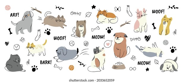Cute dogs doodle vector set. Cartoon dog or puppy characters design collection with flat color in different poses. Set of funny pet animals isolated on white background. - Shutterstock ID 2033652059