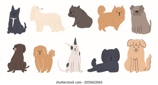 Cute dogs doodle vector set. Cartoon dog or puppy characters design collection with flat color in different poses. Set of funny pet animals isolated on white background.