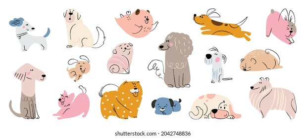 Cute dogs doodle vector set. Cartoon dog or puppy characters design collection with flat color in different poses. Set of funny pet animals isolated on white background. - Shutterstock ID 2042748836