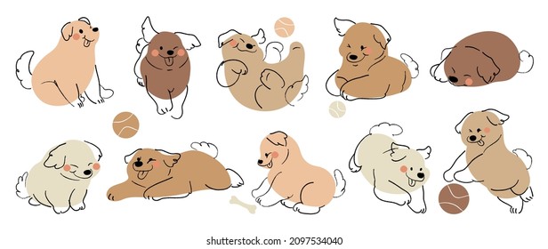 Cute dogs doodle vector set  Cartoon dog puppy characters design collection and flat color in different poses  Set funny pet animals isolated white background 

