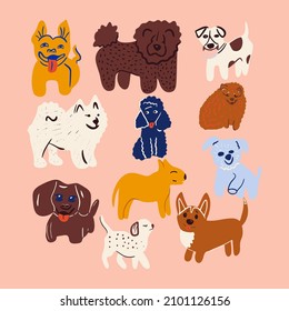 Juego de vectores de doodle para perros pequeños. El perro de dibujos animados o los personajes de cachorros diseñan la colección con color plano en diferentes poses. Conjunto de animales de compañía divertidos.