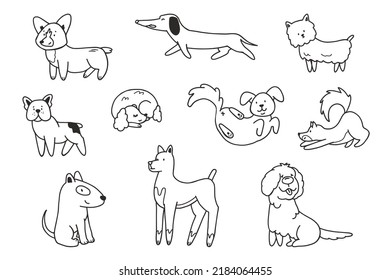 Cute dogs doodle vector set. Collection of dog and puppy characters in different poses in doodle style isolated on white background.