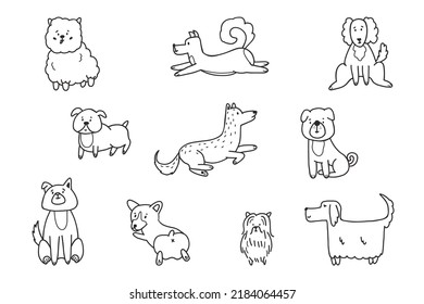 Hundehunde doodle Vektorset. Sammlung von Hund- und Welpenfiguren in verschiedenen Posen im Doodle-Stil einzeln auf weißem Hintergrund.