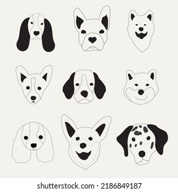 Cute dogs doodle vector set. Set of funny pet animals isolated on white background.