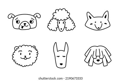 Cute dogs doodle vector set. Cute muzzles of various breeds of dogs. Cartoon dog or puppy characters design collection. Set of funny pet animals isolated on white background.
