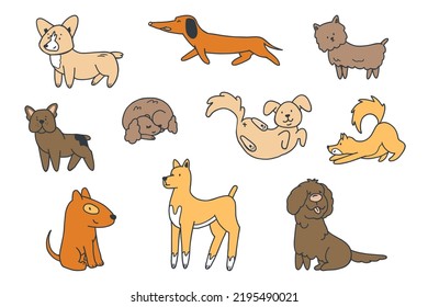 Cute dogs doodle vector set. Collection of dog and puppy characters in different poses in doodle style isolated on white background.