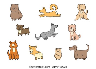 Hundehunde doodle Vektorset. Sammlung von Hund- und Welpenfiguren in verschiedenen Posen im Doodle-Stil einzeln auf weißem Hintergrund.