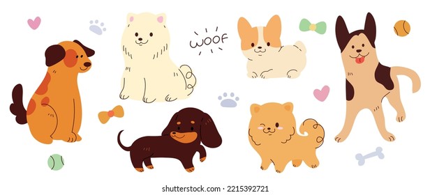 Cute dogs doodle vector set. Cartoon dog or puppy characters design collection in different poses, breeds. Set of funny pet animals isolated on white background for decorative, branding.