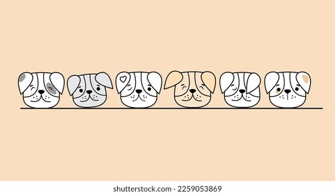Cute dogs doodle vector set. Cartoon dog with flat color. Collection of dog faces. Hand drawn isolated vector illustration in doodle style.Vector illustration.