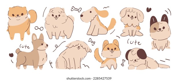 Cute dogs doodle vector set. Cartoon dog or puppy characters design collection with flat color in different poses. Set of funny pet animals isolated on white background.�