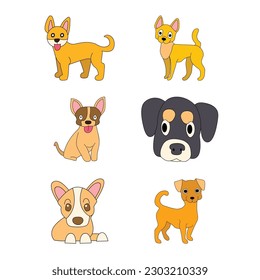 Cute dogs doodle vector set. Cartoon dog or puppy characters design collection with flat color in different poses. Set of funny pet animals isolated on white background. Doodle dog print.
