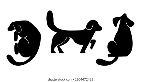 Cute dogs doodle vector set. Cartoon dog or puppy characters silhouette design collection with flat color in different poses. Set of funny pet animals isolated on white background.