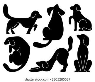 Juego de vectores de doodle para perros pequeños. Colección de diseño de silueta de perro de dibujos animados o de personajes de cachorro con color plano en diferentes poses. Conjunto de animales de compañía divertidos aislados sobre fondo blanco.