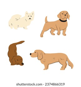 Cute dogs doodle vector set. Cartoon dog or puppy characters design collection with flat color in different poses. Set of funny pet animals isolated on white background.