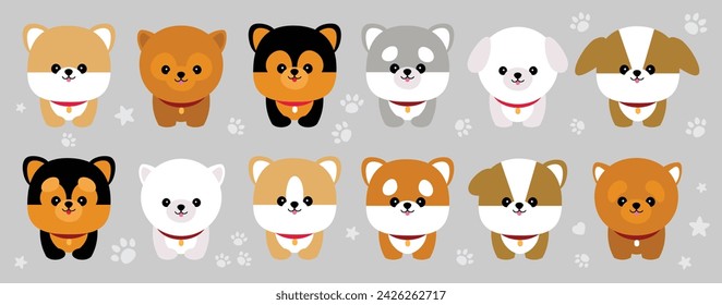 Cute dogs doodle vector set. Cartoon cutie dog or puppy characters design collection with flat color in different poses. Set of funny pet animals. Cartoon cute baby animal for baby cards, baby shower