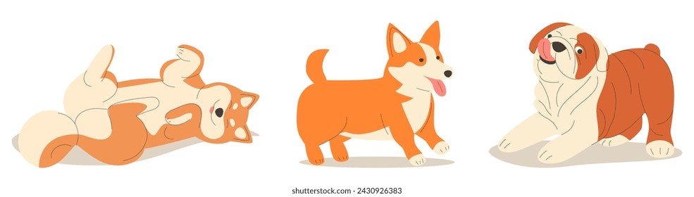 Cute dogs doodle vector set. Cartoon dog or puppy characters design collection with flat color in different poses. Set of funny pet animals isolated on white background.