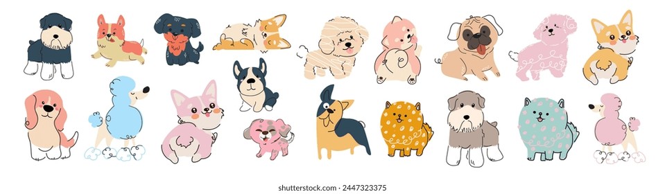 Cute dogs doodle vector set. Different pets in various poses. Set of funny pet animals isolated on white background