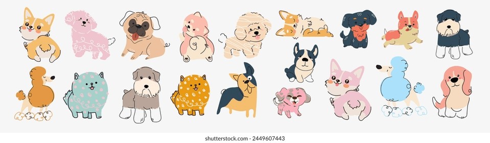 Cute dogs doodle vector set. Different pets in various poses. Set of funny pet animals isolated on white background