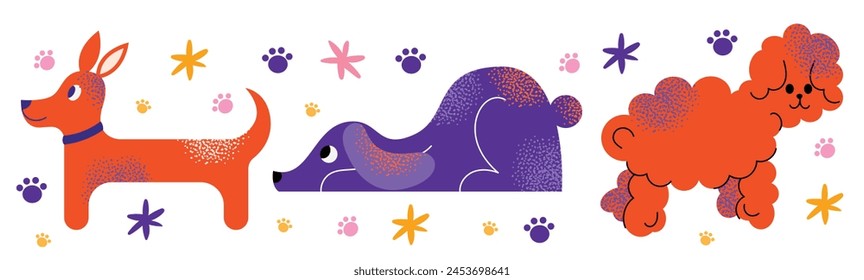 Lindos perros doodle conjunto de Vector. Personajes de dibujos animados de perro o cachorro diseñan colección con color plano en diferentes poses. Conjunto de animales de compañía divertidos aislados sobre fondo blanco