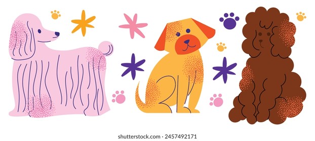 Cute dogs doodle vector set. Cartoon dog or puppy characters design collection with flat color in different poses. Set of funny pet animals isolated on white background