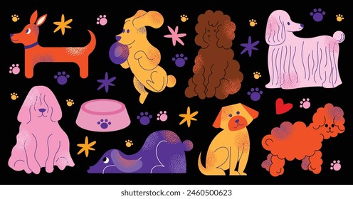 Cute dogs doodle vector set. Cartoon dog or puppy characters design collection with flat color in different poses. Set of funny pet animals isolated on black background