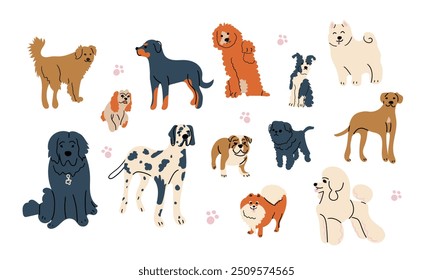 Niedliche Hunde doodle Vektor-Set. Cartoon Hund oder Welpen Zeichen Design-Kollektion mit flachen Farbe in verschiedenen Posen. Satz lustiger Haustiere einzeln auf weißem Hintergrund.