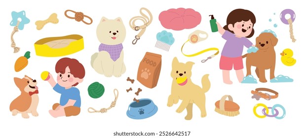 Cute dogs doodle vector set. Cartoon pet character design collection with dog care, dog health, shampoo, toy, ball, dog food, bowl. Set of funny pet animals isolated on white background.