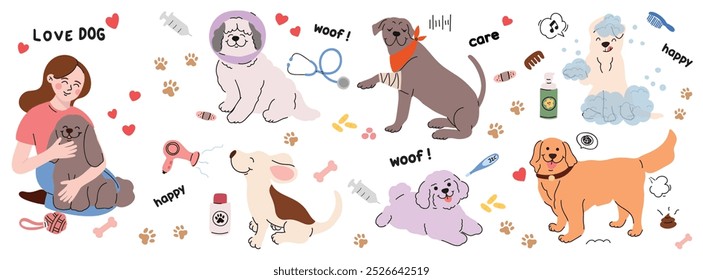 Cute dogs doodle vector set. Cartoon pet character design collection with dog care, dog health, shampoo, toy, ball, dog food, bowl. Set of funny pet animals isolated on white background.