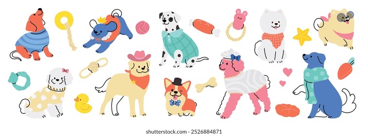 Cute dogs doodle vector set. Cartoon dog or puppy characters design collection with flat color in different poses, toy, ball, pillow, bone. Set of funny pet animals isolated on white background.