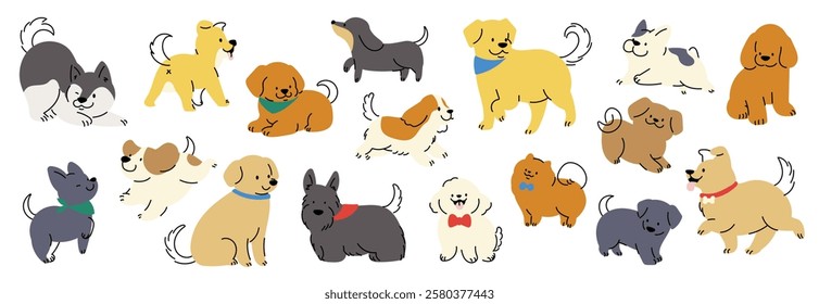 Cute dogs doodle vector set. Cartoon dog or puppy characters design collection with flat color in different poses, breed, retriever, husky. Set of funny pet animals isolated on white background.