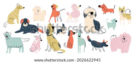 Cute dogs doodle vector set. Cartoon dog or puppy characters design collection with flat color in different poses. Set of funny pet animals isolated on white background.