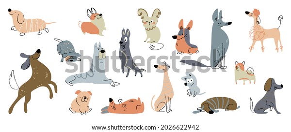 Cute dogs doodle vector set. Cartoon dog or puppy characters design collection with flat color in different poses. Set of funny pet animals isolated on white background wallpaper for walls. 