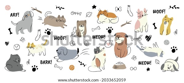 Cute dogs doodle
vector set. Cartoon dog or puppy characters design collection with
flat color in different poses. Set of funny pet animals isolated on
white background.