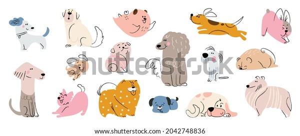 Cute dogs doodle\
vector set. Cartoon dog or puppy characters design collection with\
flat color in different poses. Set of funny pet animals isolated on\
white background.