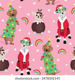 Cute Dogs Dressed for Christmas Seamless Pattern