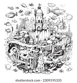 cute Dogs exploring an underwater kingdom filled with colorful sea creatures ,Black and white coloring pages for kids, simple lines, vector style