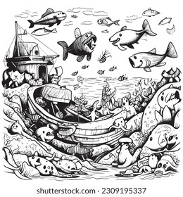 cute Dogs exploring an underwater kingdom filled with colorful sea creatures ,Black and white coloring pages for kids, simple lines, vector style