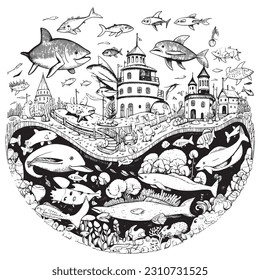cute Dogs exploring an underwater kingdom filled with colorful sea creatures ,Black and white coloring pages for kids, simple lines, vector style
