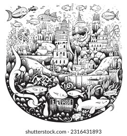 cute Dogs exploring an underwater kingdom filled with colorful sea creatures ,Black and white coloring pages for kids, simple lines, vector style