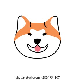 Cara de perros de raza Akita-inu. avatar de cabeza de perro. Hocico de cachorro asiático. Feliz adorable bozal con la lengua fuera. Ilustración vectorial plana de mascota sonriente encantadora aislada en fondo blanco