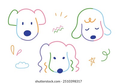 Doodle dibujado a mano de animales de la cara de los perros lindos con la línea colorida para la ilustración del elemento clínica del animal doméstico y el niño