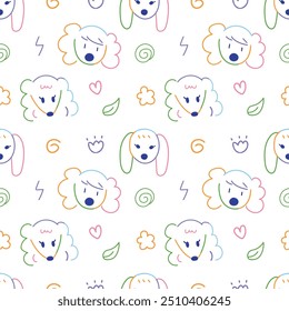 Cute dogs face animal hand drawn doodle with colorful line seamless pattern background for wrapping and wallpaper